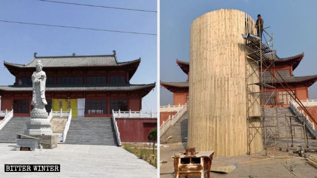 福勝寺前に立つ観音像が鉄板で囲まれる前と後。