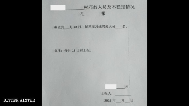 各村は調査の中で、邪教に指定された全宗教団体の会員数も報告しなければならない。