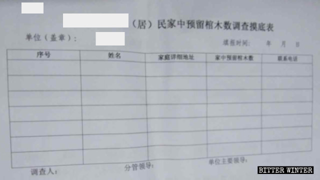 住宅に取り置きをしている棺の数を確認する調査票。江西省のある地域で。（内部筋が提供）